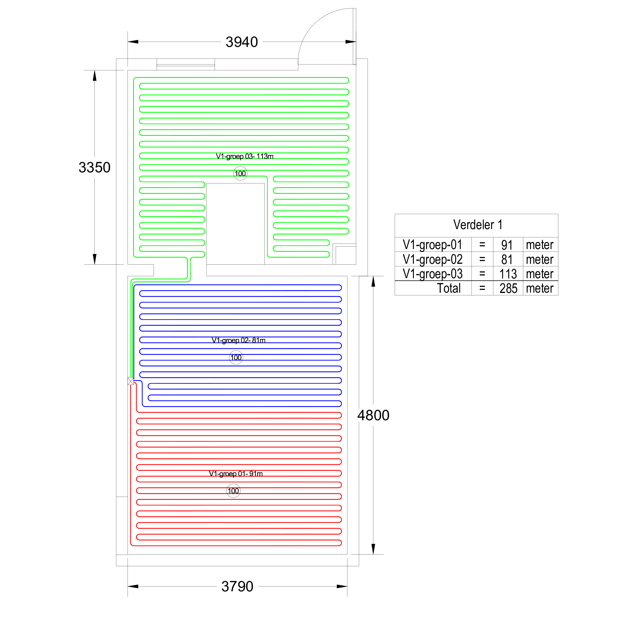 Serpentinenverlegung Fußbodenheizung Beispiel mit Schleifenführung