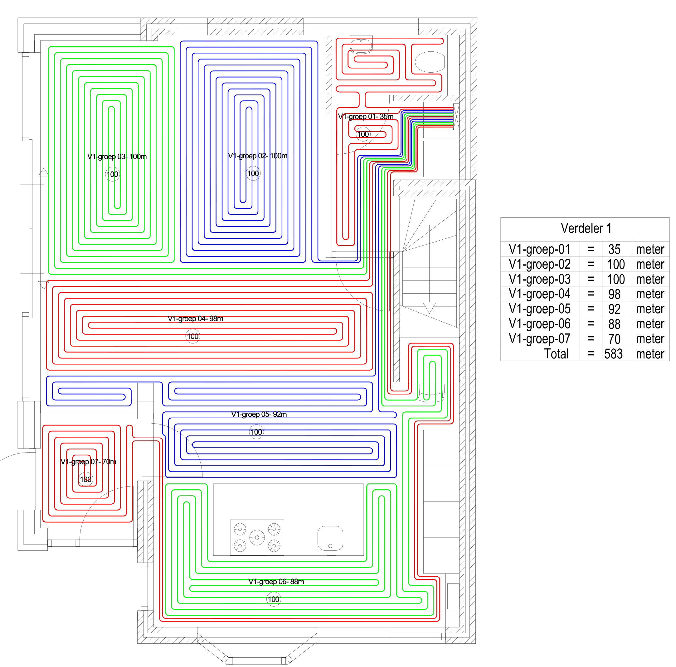 Spiralverlegung Fußbodenheizung Beispiel mit gleichmäßiger Rohrverteilung