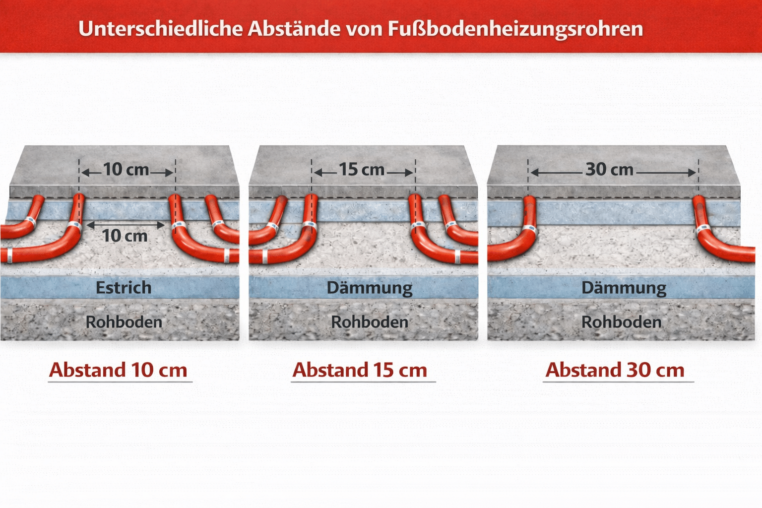 Diagramm Rohrabstand Fußbodenheizung mit 10 cm 15 cm und 30 cm Verlegeabstand