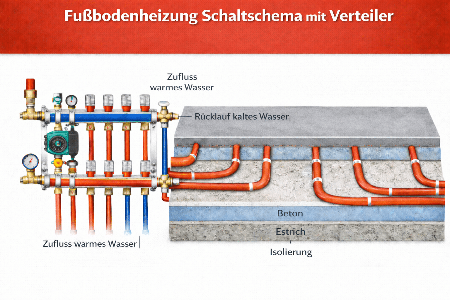 Fußbodenheizung Heizkreis Diagramm mit Verteiler und Rohrschleifen
