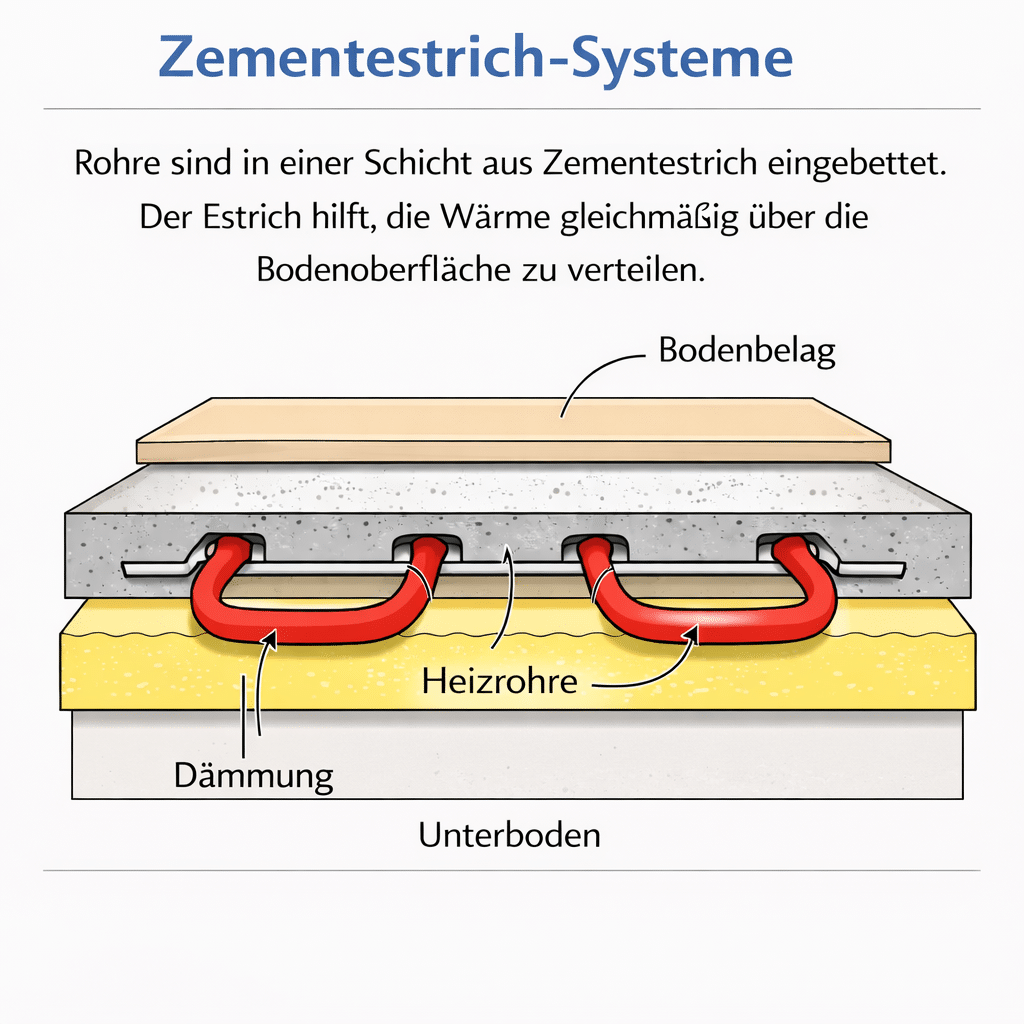 Fußbodenheizung im Estrich Bodenaufbau Diagramm